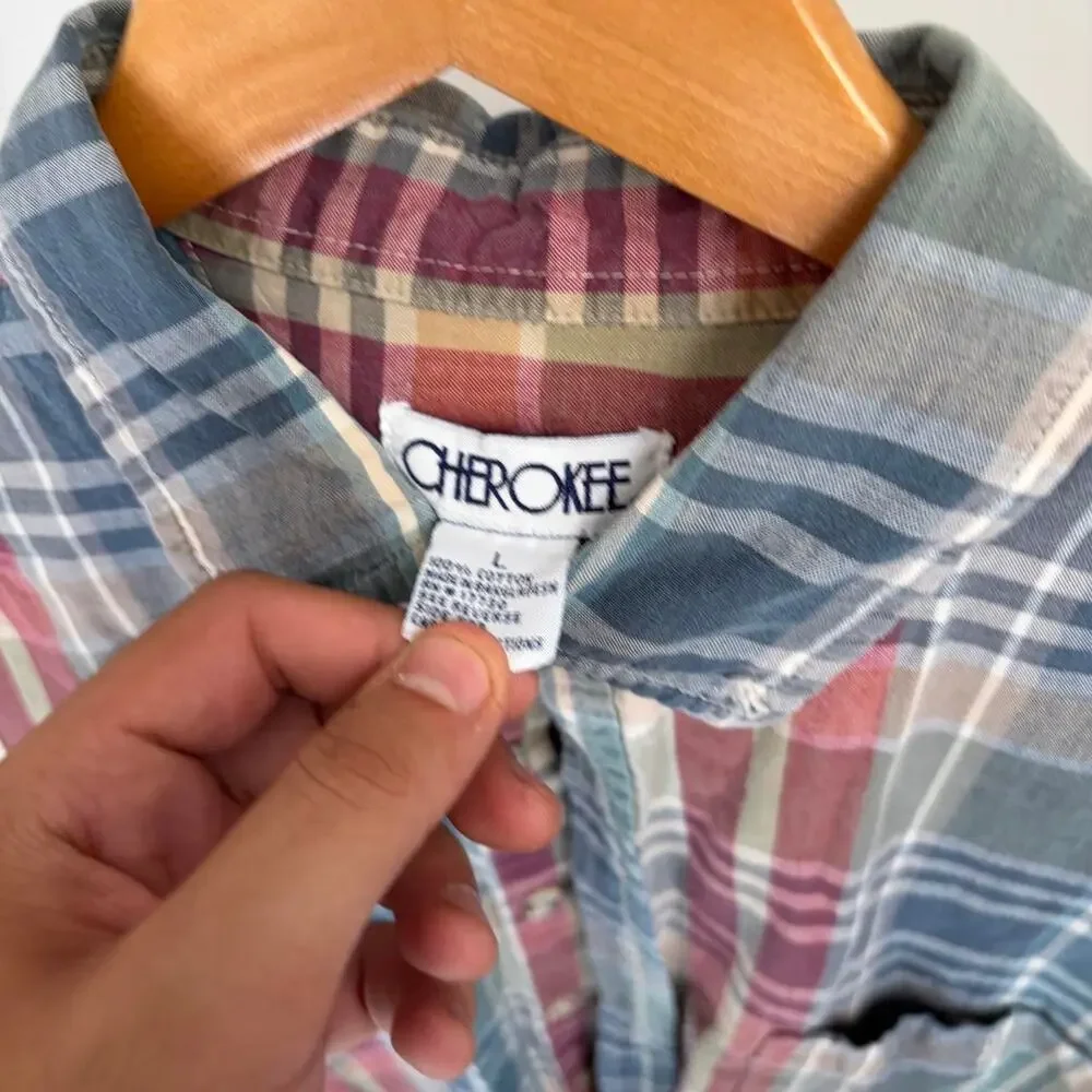 Vintage 90s Cherokee Plaid Indie Striped Mens L Button Up Short Sleeve Shirt